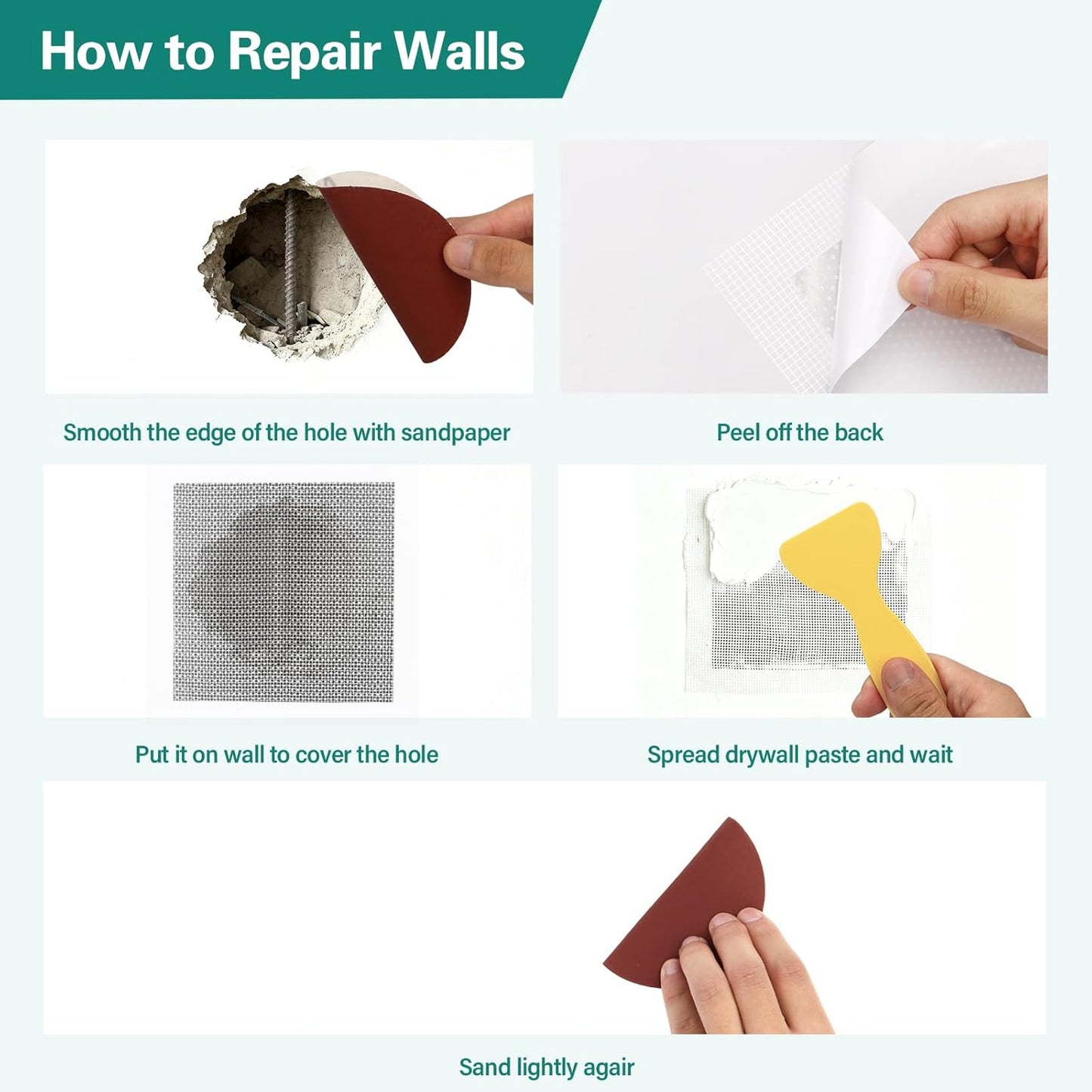 25 Pcs Drywall Repair Kit - 4/6/8/10 Inch Wall Patch Repair Kit for Large Holes, Dry Wall Patch Kits with Scraper Sandpapers Gloves, Quick Fix for Ceiling Bathroom Wall Damage