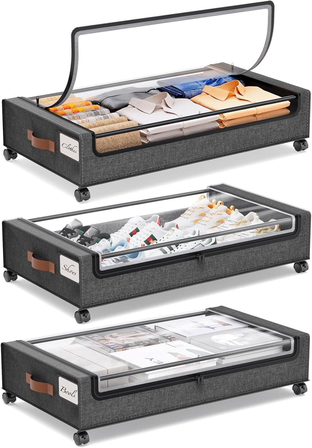 Yecaye Under Bed Storage with Wheels, 2 Pack Under Bed Storage Containers, 60L Underbed Shoe Storage with Clear Window & Label, Rolling Under Bed Metal Drawer for Clothes, Shoes, Books, Blankets