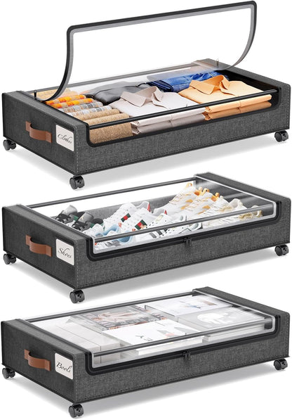 Yecaye Under Bed Storage with Wheels, 2 Pack Under Bed Storage Containers, 60L Underbed Shoe Storage with Clear Window & Label, Rolling Under Bed Metal Drawer for Clothes, Shoes, Books, Blankets