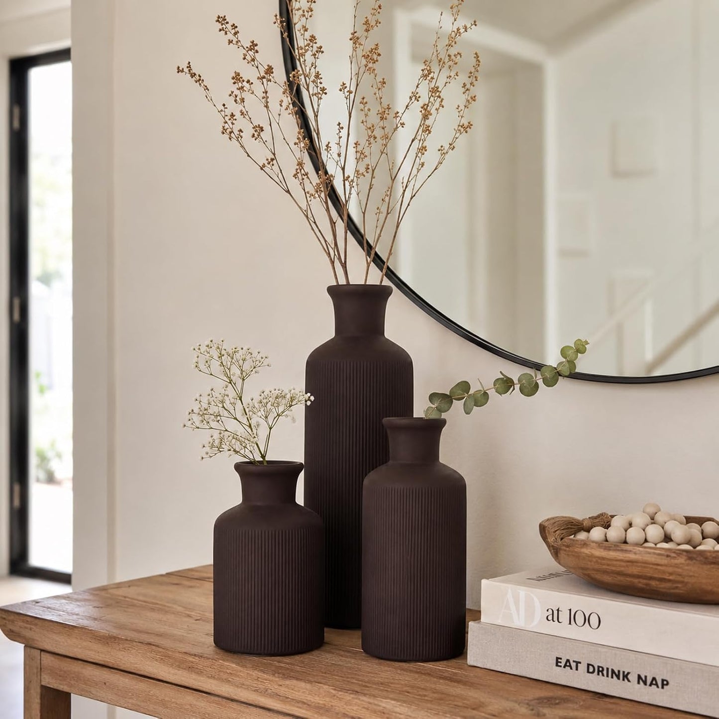 Ceramic Vase Set of 3 – Small Flower Vases, Modern Farmhouse Boho Flower Vases for Home Decor, Rustic Pottery Vases for Centerpieces, Living Room, Shelf, Fireplace, Entryway Decor, Table or Cabinet