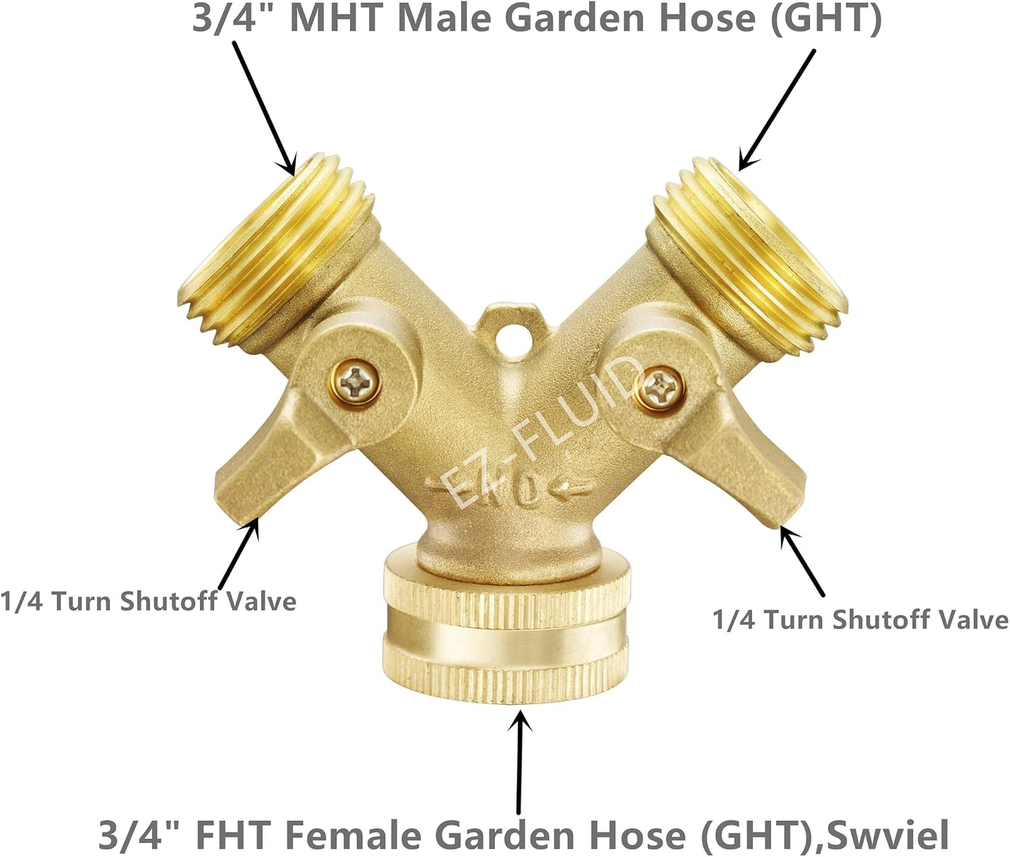 (1) EZ-FLuid 3/4" FHT Female Garden Hose Wye Two way Splitter, Heavy Duty Brass Hose Y Splitter with 1/4Turn Shutoff Ball Valve,2-way 3/4"GHT Threads Connector For outside faucet and hose bibb spigot