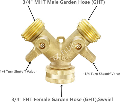 (1) EZ-FLuid 3/4" FHT Female Garden Hose Wye Two way Splitter, Heavy Duty Brass Hose Y Splitter with 1/4Turn Shutoff Ball Valve,2-way 3/4"GHT Threads Connector For outside faucet and hose bibb spigot