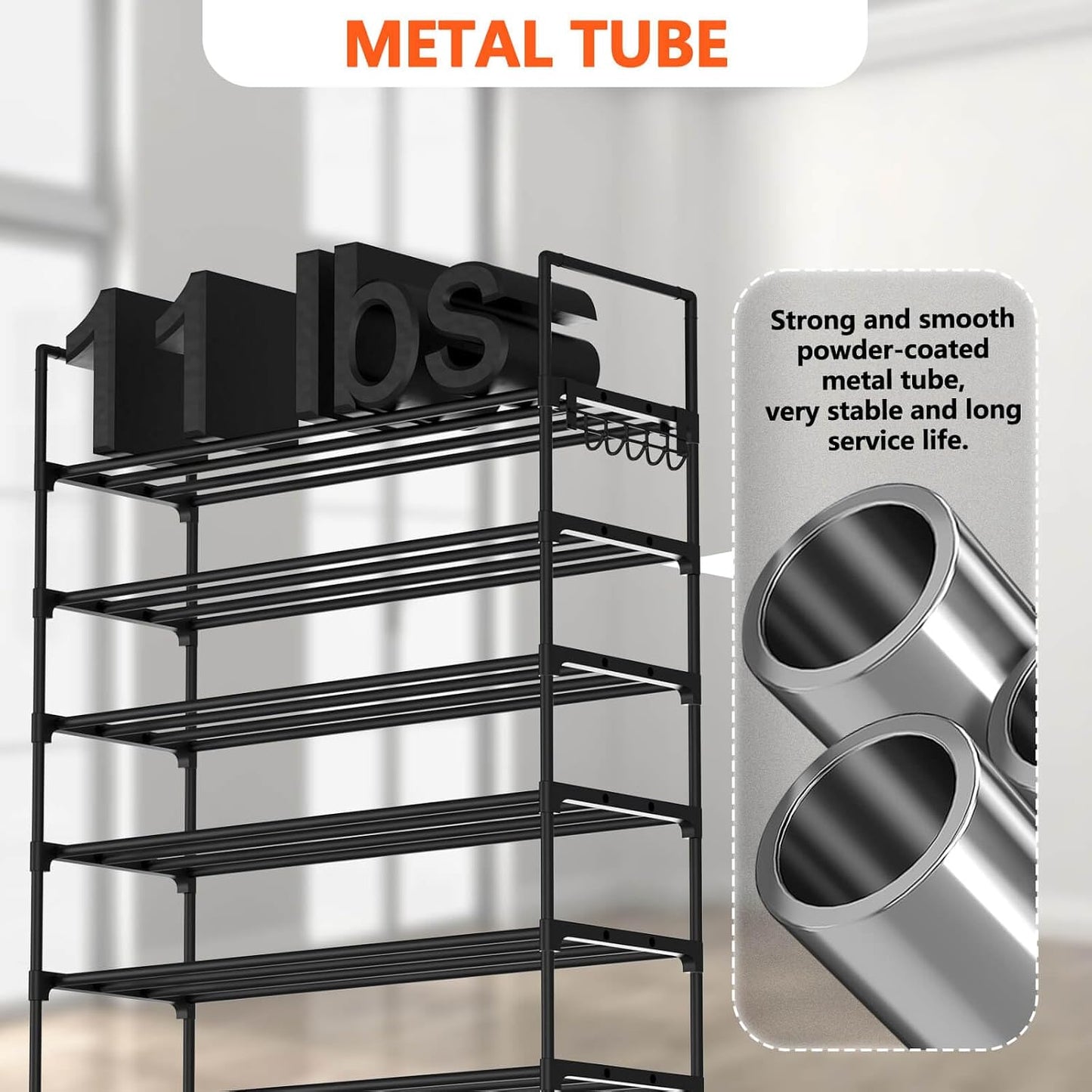 Hsscblet 5 Tiers Metal Shoe Rack,Adjustable Shoe Shelf Storage Organizer with Hooks,Stackable Boot & Shoe Storage,for Entryway,Hallway,Closet,Black