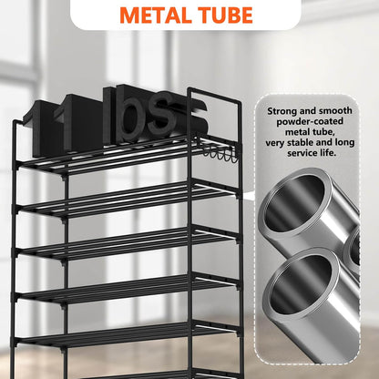 Hsscblet 5 Tiers Metal Shoe Rack,Adjustable Shoe Shelf Storage Organizer with Hooks,Stackable Boot & Shoe Storage,for Entryway,Hallway,Closet,Black