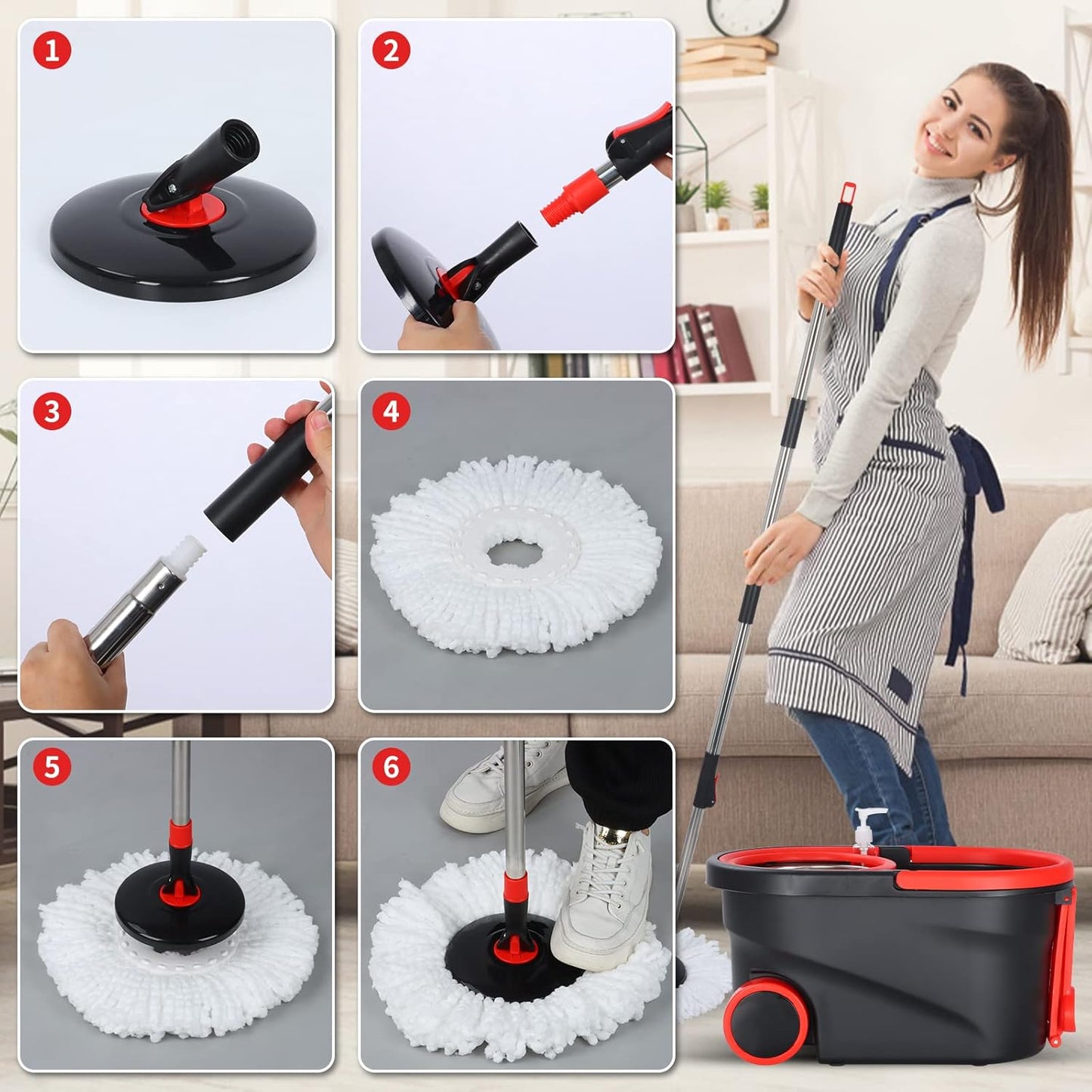 Mop and Bucket Set, 360° Spin Mop and Bucket with Wringer Set and 3 Microfiber Mop Refills, Stainless Steel 61" Extended Handle Spinning Mop Bucket System for Floor Cleaning