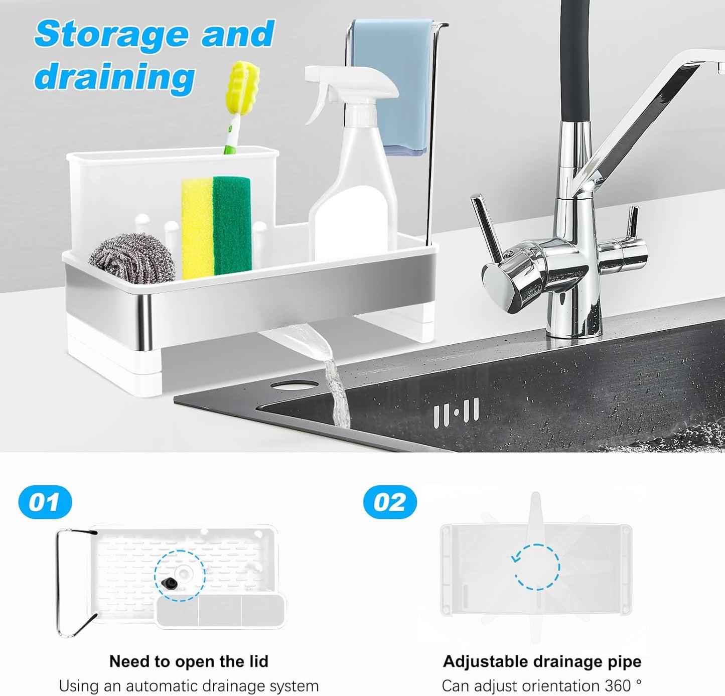 Kitchen Sink Caddy,Sponge Holder for Kitchen Sink with Dish Brush Holder, Auto Drain Tray, Sponge Drain Rack,Stainless Steel Sink Organizer Countertop，Sponge Soap(Grey)