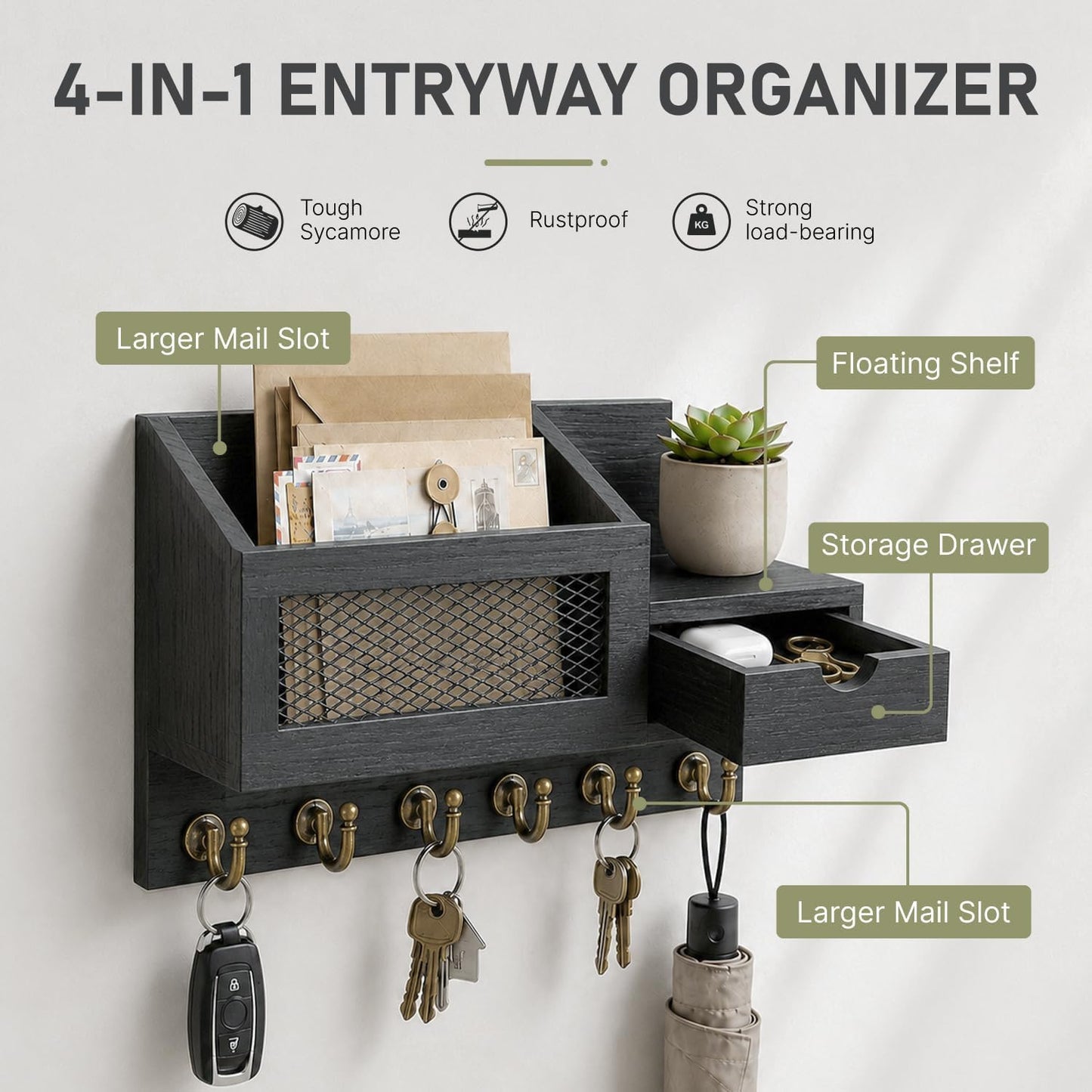 FifthQuarter Key Holder Wall Mount: Key and Mail Holder for Wall with 6 Hooks and Storage Drawer, Easy Installation Key Rack for Entryway Home Decor (A-White)