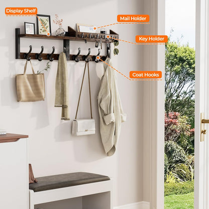 Evermagin 29" Coat Rack Wall Mount with Shelf, 4 in 1 Coat and Key Hanger with 11 Metal Hooks, Entryway Wall Mounted Shelf with Mail Holder for Living Room, Bedroom, Rustic Brown