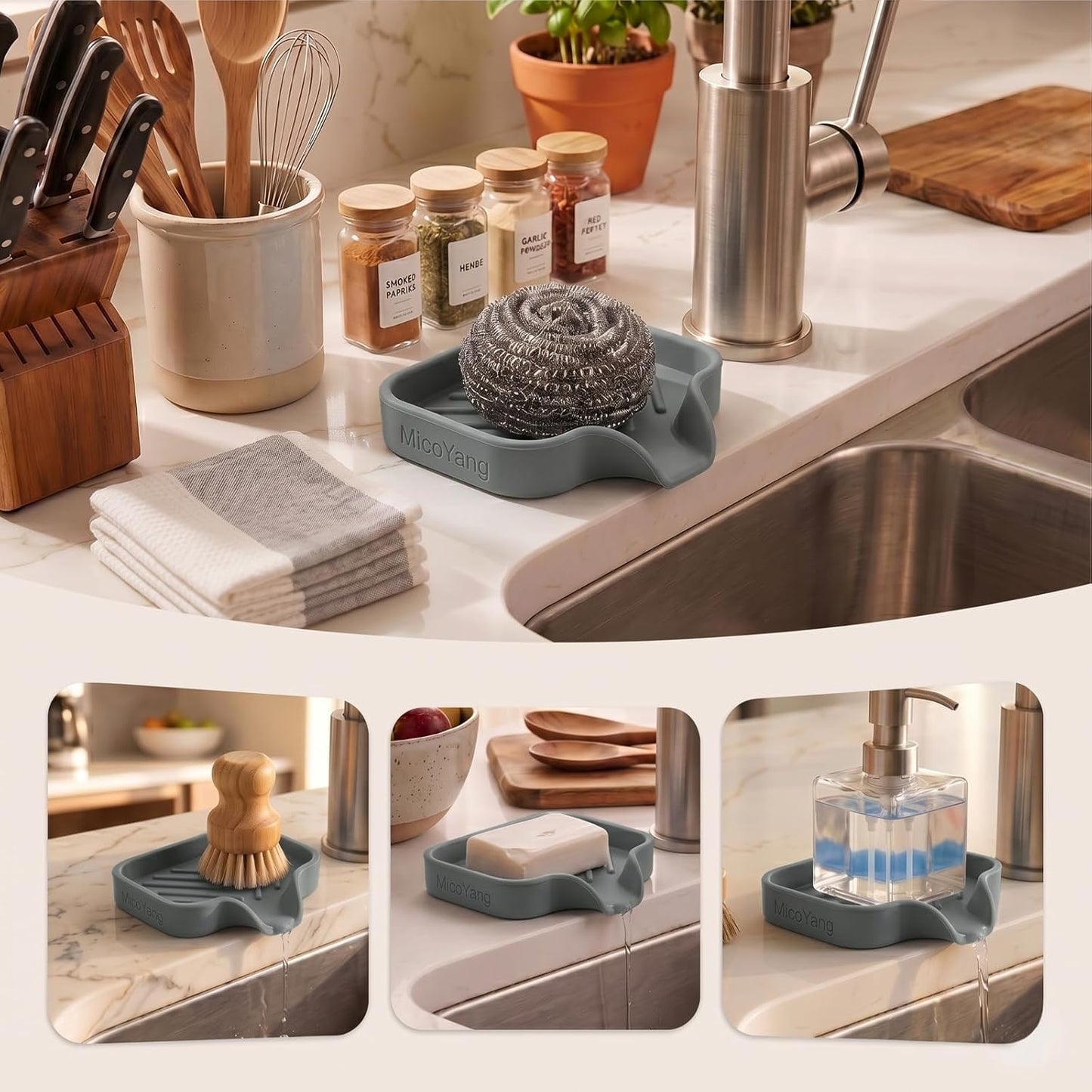 MicoYang Silicone Bathroom Soap Dishes with Drain Spout-Bathroom and Kitchen Sink Organizer,Sponge Holder,Dish Soap Tray,Perfect for Dispenser,Scrubber,Bottle,Cup on Sink or Counter-Coffee 4.9"×3.2"