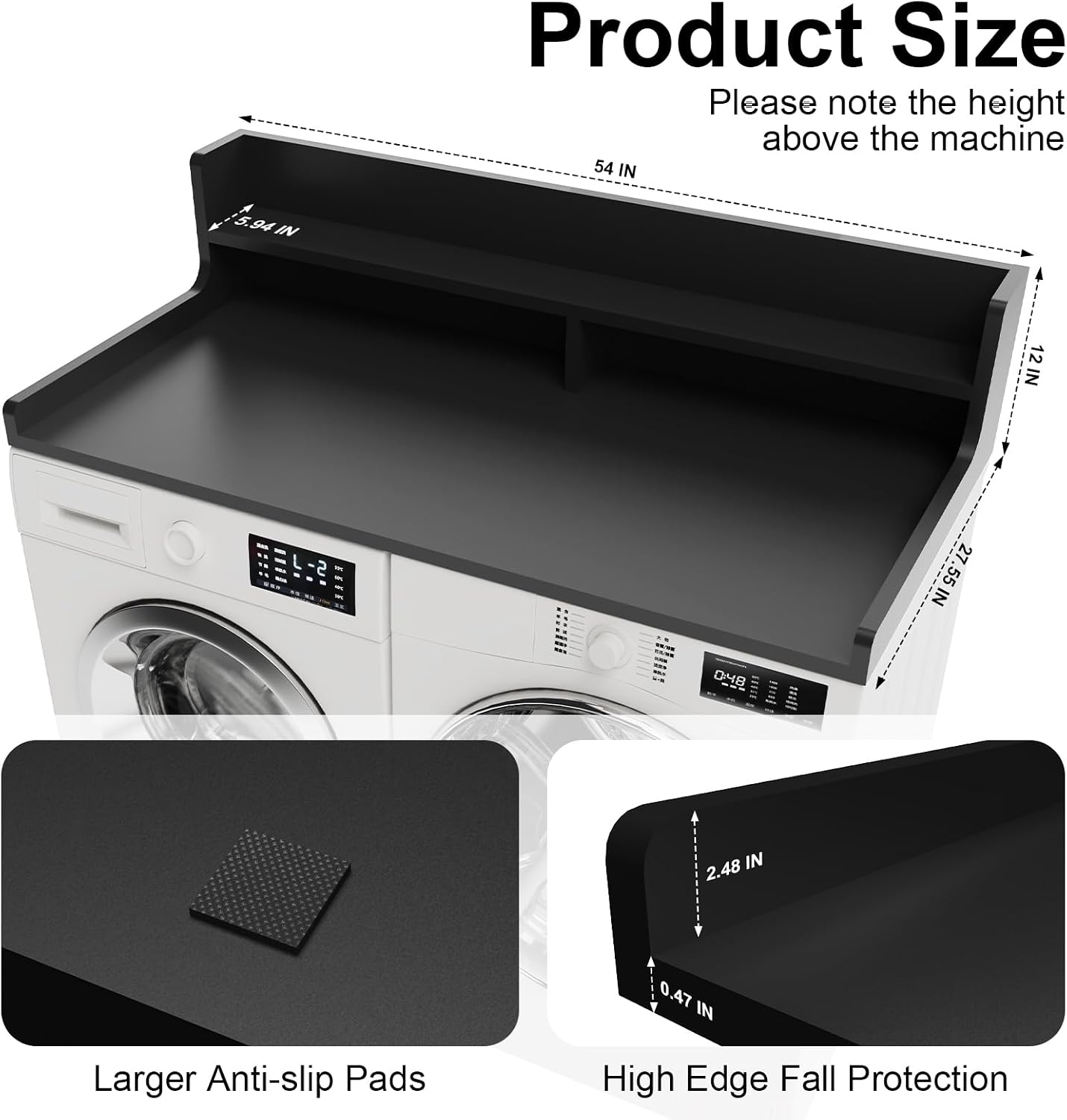 Washer Dryer Countertop, 54" x 27.55" 2-Tier Washer Dryer Topper with Edge, for Laundry Room Organization Whisper White