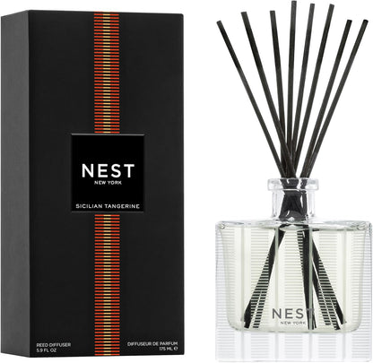 NEST New York Reed Diffuser, Moroccan Amber - 5.9 fl oz - Fragrance for Up to 90 Days - Reusable, Refillable Glass Holder - Includes 8 All-Natural Reed Sticks - Flame Free