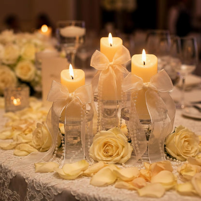 VIHOSE 3 Set/10 Pcs Pearl Bow Flameless Candles with Remote, Ivory LED Pillar Candle Set with Pearl Chain Organza Ribbon, Flameless Flickering Candles for Wedding Bridal Shower Church Decoration