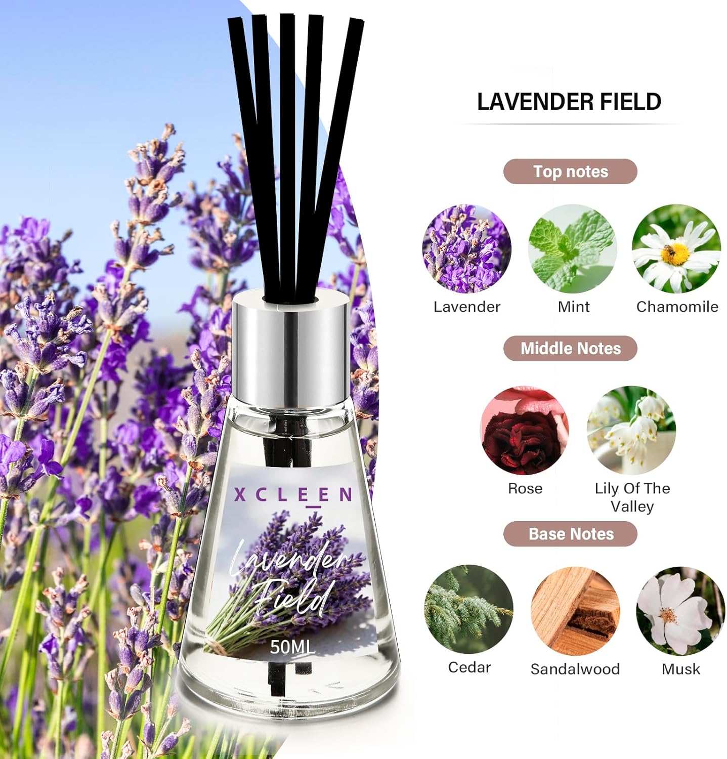 Xcleen 3 Pack Reed Diffuser, Scented Oil Diffuser with 15 Sticks, Escape/Vanilla/Moroccan Amber, Air Freshener for Bathroom & Office, Holiday Home Fragrance, Gift idea, Each 1.7Fl Oz, Total 5.1Oz