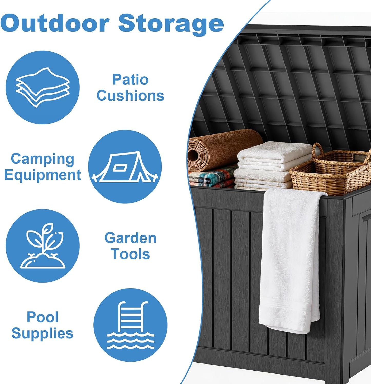 Outdoor Waterproof Resin Storage Deck Box Lockable Outside Bench UV Resistant Bin Patio Porch Furniture Pool Float Garden Tool Cushion (Black, 85 Gallon)