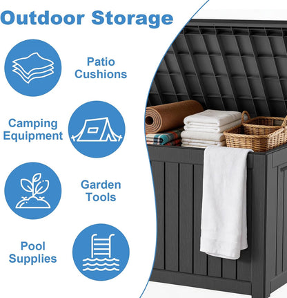 Outdoor Waterproof Resin Storage Deck Box Lockable Outside Bench UV Resistant Bin Patio Porch Furniture Pool Float Garden Tool Cushion (Black, 85 Gallon)
