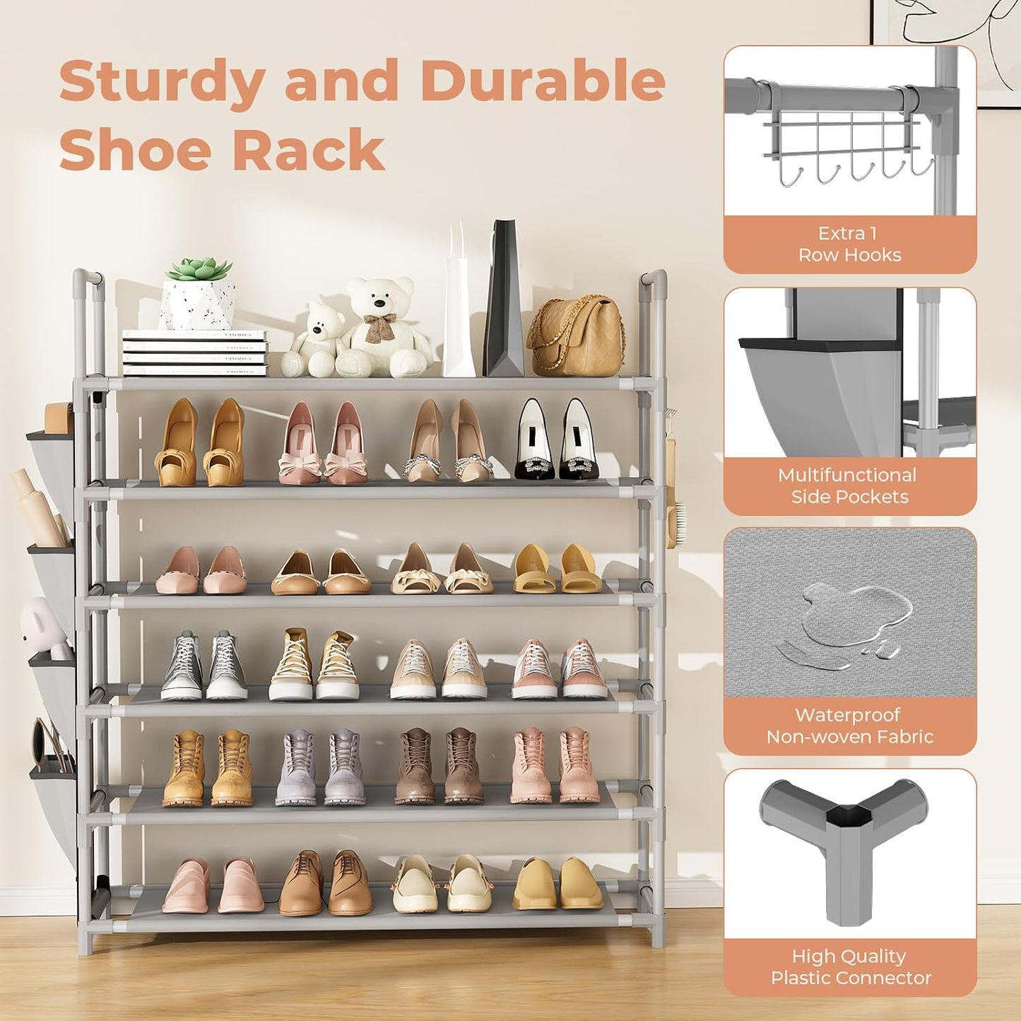 LANTEFUL 6 Tier Shoe Rack Storage for 24-30 Pairs Shoe and Boot, Shoe Organizer with Hook and Side Pocket Free Standing Long Shoe Shelf Tall Shoe Rack Organizer for Closet, Entryway, Dorm, White