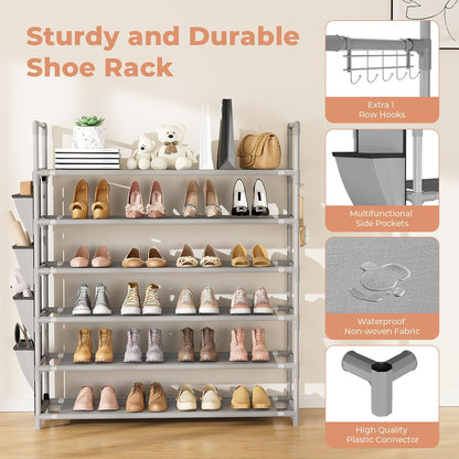 LANTEFUL 6 Tier Shoe Rack Storage for 24-30 Pairs Shoe and Boot, Shoe Organizer with Hook and Side Pocket Free Standing Long Shoe Shelf Tall Shoe Rack Organizer for Closet, Entryway, Dorm, White