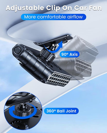 2026 Car Clip on Fan for SUV Pickup Truck RV Visors No Blocking, Portable 3000mAh Rechargeable Fan for Car Desk Kitchen Bathroom Camping - Powerful Turbo Engine 5-Speed Setting (Black)