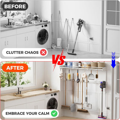 Broom Holder Wall Mount with Shelf,Broom Hanger,3 in 1 Broom and Mop Organizer Wall Hanging for Laundry,Garage,Utility,Broom Rack,Vacuum Stand Alternative,Cleaning Supplies Organizer Storage,White,L