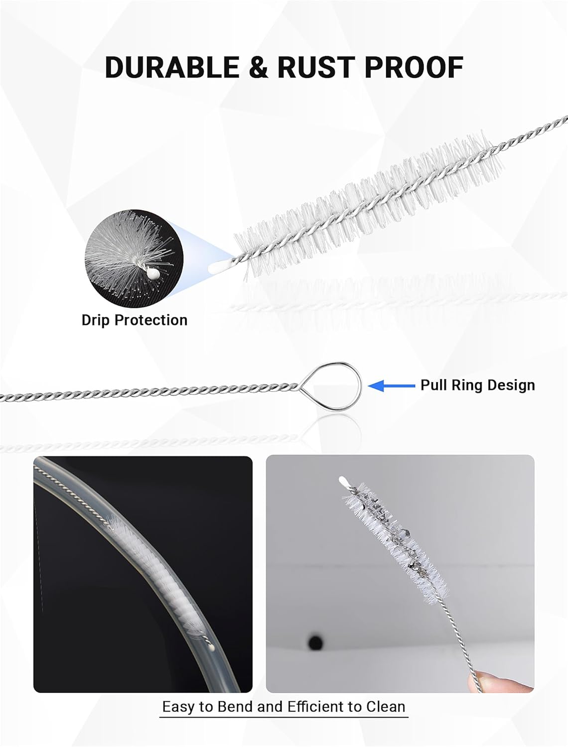 SARDVISA Flexible Long Drain Brush Tool with Large Double Elastic Nylon Ends, Stainless Steel Tube Cleaner Brush for Kitchen, Sink, Drain Pipe, and Long Pipe Cleaning, 2 Straw Cleaning Brushes