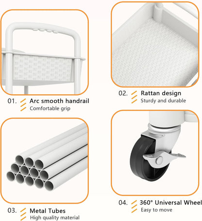 MOYIPIN 3-Tier Plastic Rolling Utility Cart with Handle,Utility Storage Cart for Office, Living Room, Kitchen,Movable Storage Organizer Shelves,White