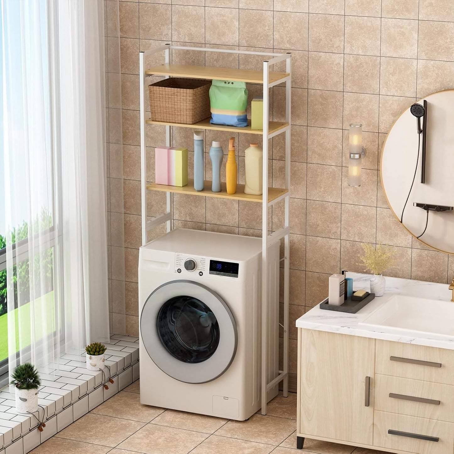 Over Washer and Dryer Shelves, Medium Storage Shelf with 3-Tier Utility Rack & Adjustable Height, Standing Storage Organizer for Laundry Room Storage, Gifts for Home Organization, Holds up to 50 lbs