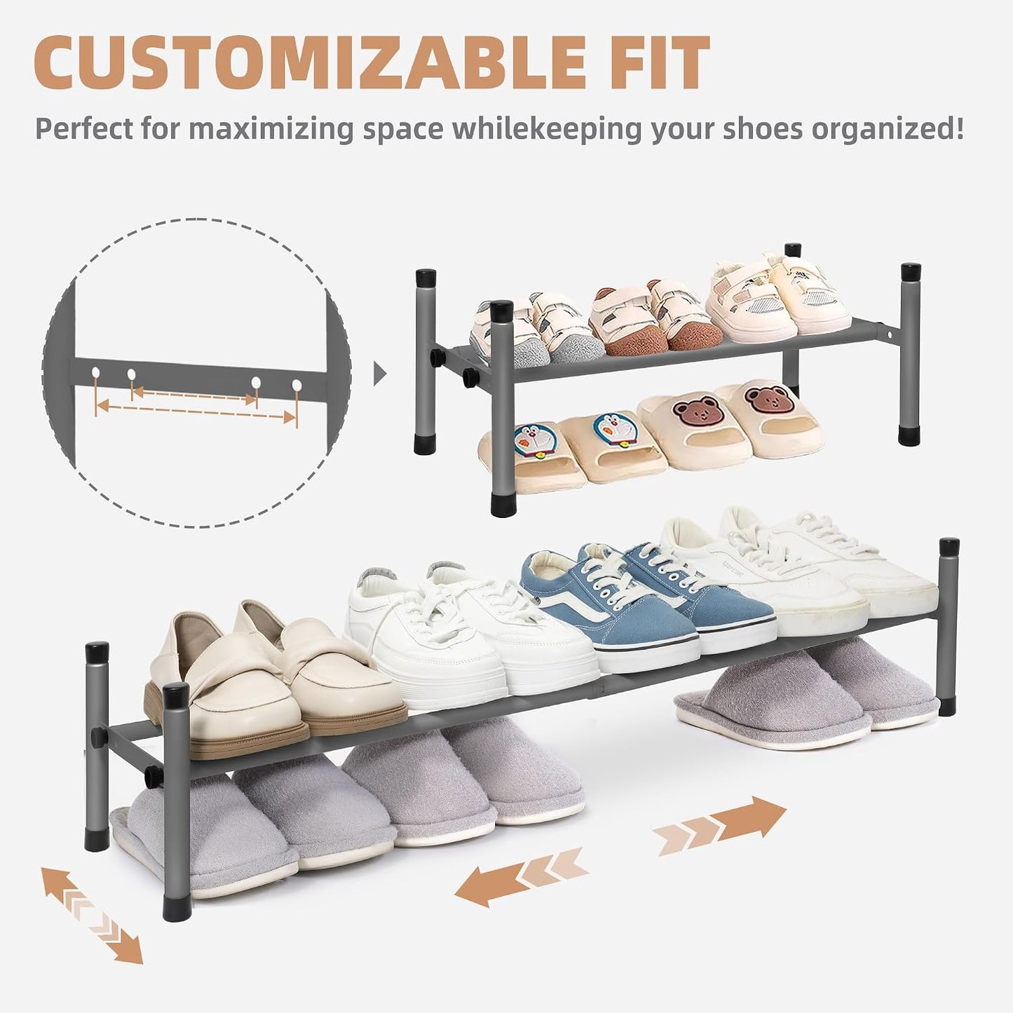 STORAGE MANIAC Expandable Shoe Rack for Closet, 8 Pairs Stackable Small Shoe Rack, Metal Adjustable Shoes Organizer for Entryway, Hallway, Garage, Front Door, Shoes Shelves, Black 2 Tier
