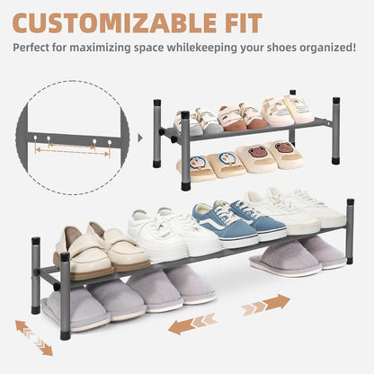 STORAGE MANIAC Expandable Shoe Rack for Closet, 8 Pairs Stackable Small Shoe Rack, Metal Adjustable Shoes Organizer for Entryway, Hallway, Garage, Front Door, Shoes Shelves, Black 2 Tier