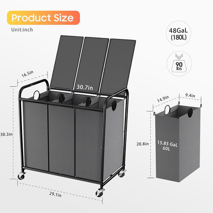 180L (47.55 Gal) Laundry Sorter 3 Section, Rolling Laundry Basket with Lockable Wheels and Lid, Laundry Hamper with 3 Separated Removable Bags Dirty Clothes Hamper for Laundry Room Organizer, Black