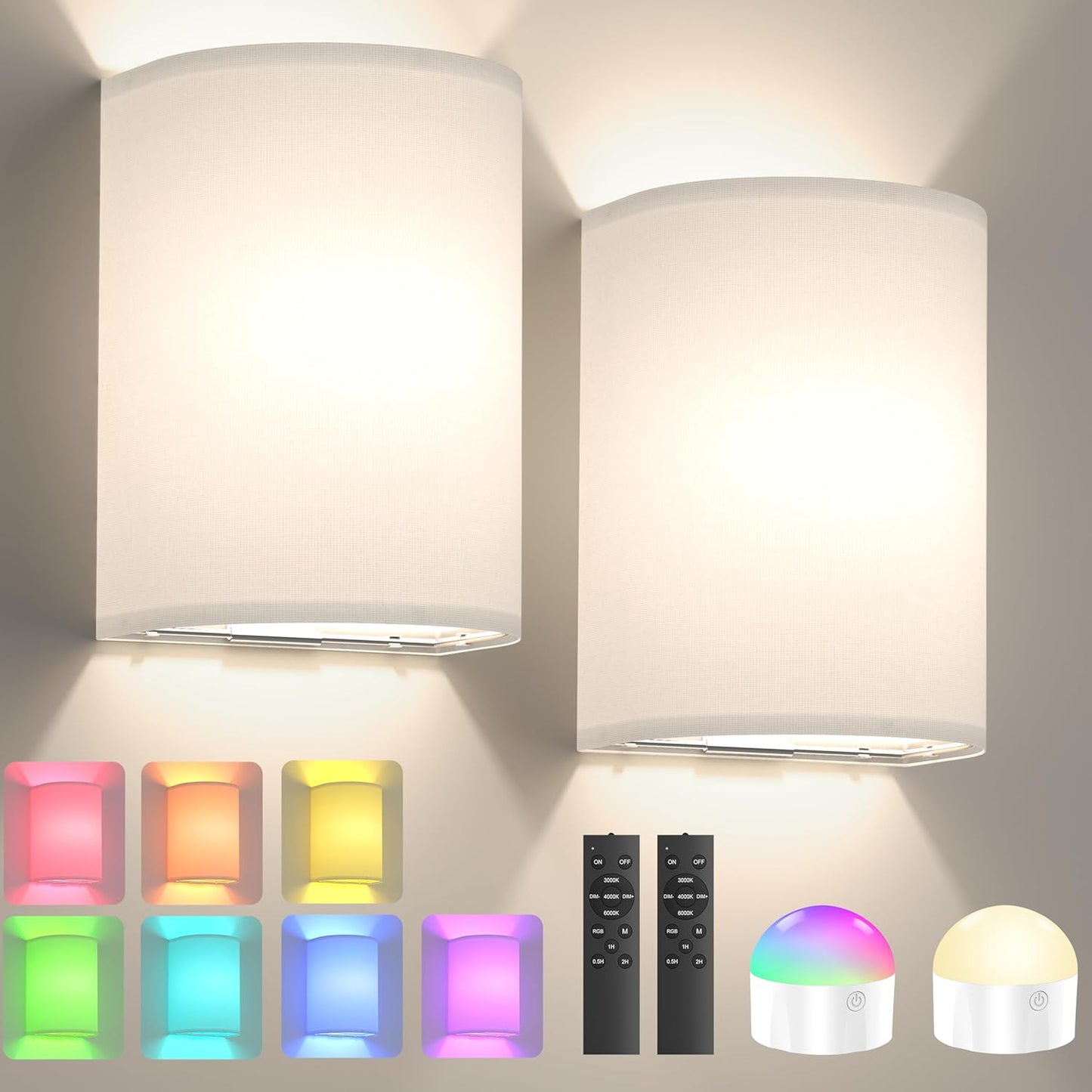 Battery Operated Wall Sconce Set of Two: 10000mAh Wireless Wall Light with Rechargeable Magnetic Bulb - Dimmable Wall Lamp with 7 RGB Colors - Linen Shade Sconces with Remote for Bedroom Living Room