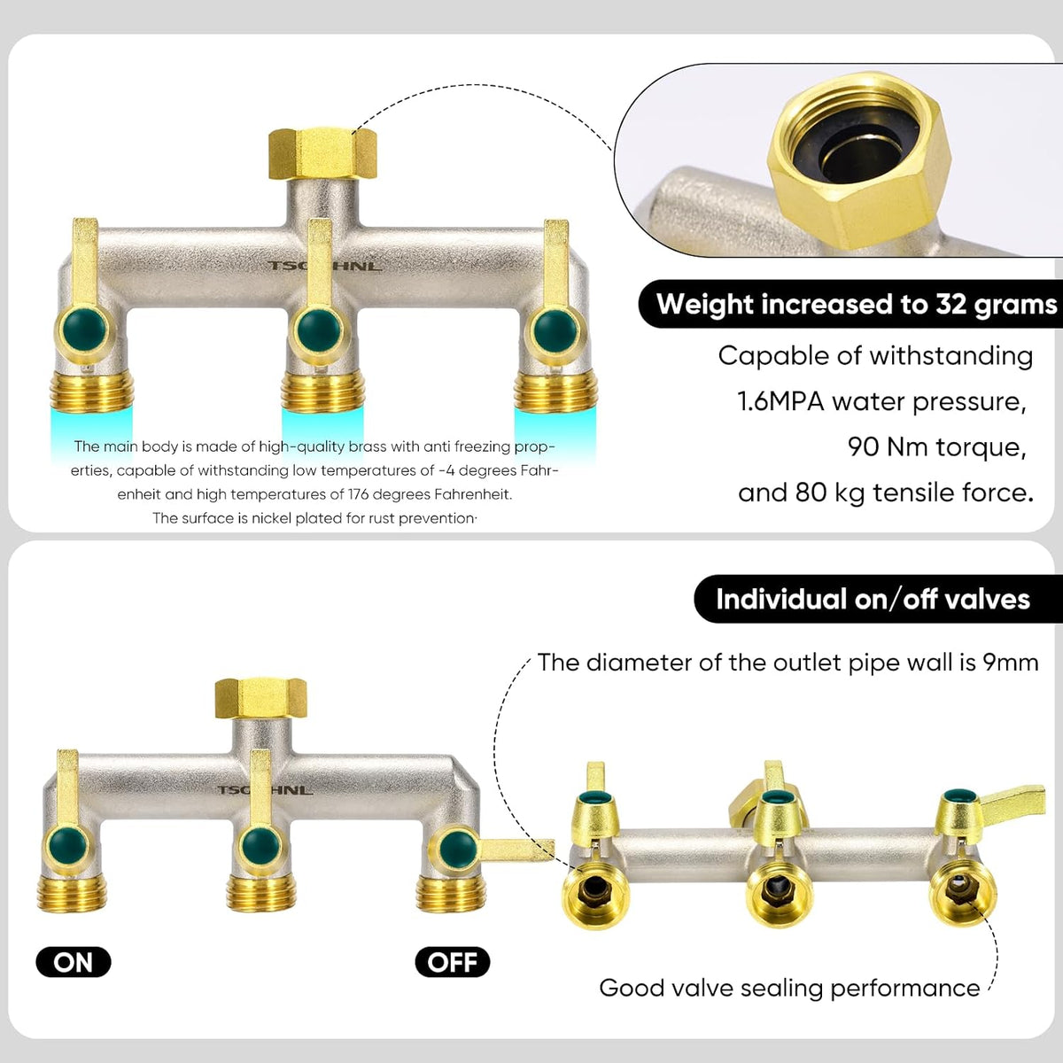 Heavy Duty Brass Garden Hose Splitter, 2-Way Faucet Splitter with 2 Extended Metal Handles, Outdoor Hose Splitter, GHT 3/4-Inch Heavy Duty Hex Female Inlet and 3/4-Inch Male Outlet, Nickel Plated