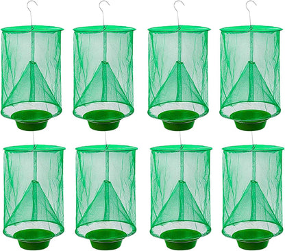 Ranch Fly Trap Outdoor Hanging Reusable with Fishing Apparatus | Food Bait Tray Catcher Cage for Indoor or Outdoor Family Farms, Park (4 Pack)