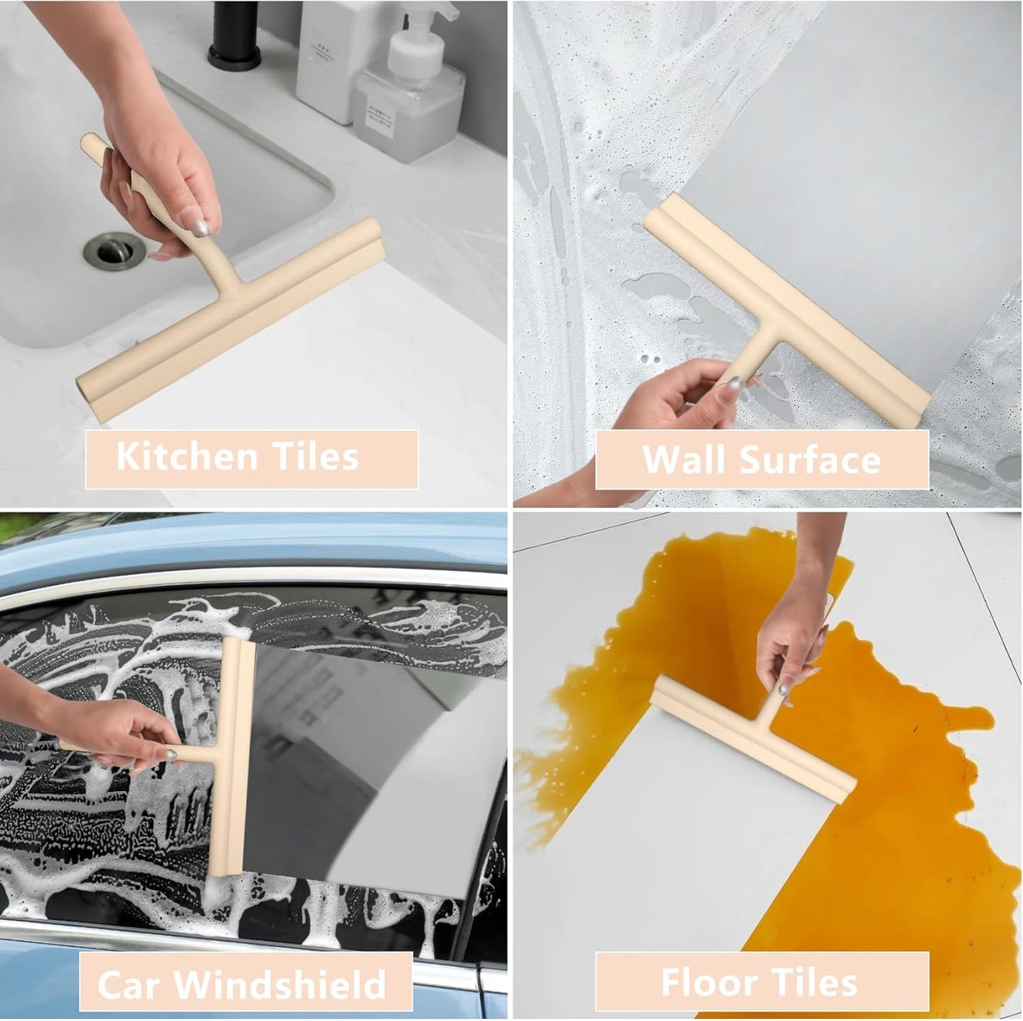 Squeegee for Shower Glass Doors, Resilient Loop - No-Drill & Adhesive Hook, Silicone Shower Squeegee with Stainless Steel Core, Cleaning Tool for Home, Kitchen, Bathroom & Car - Black