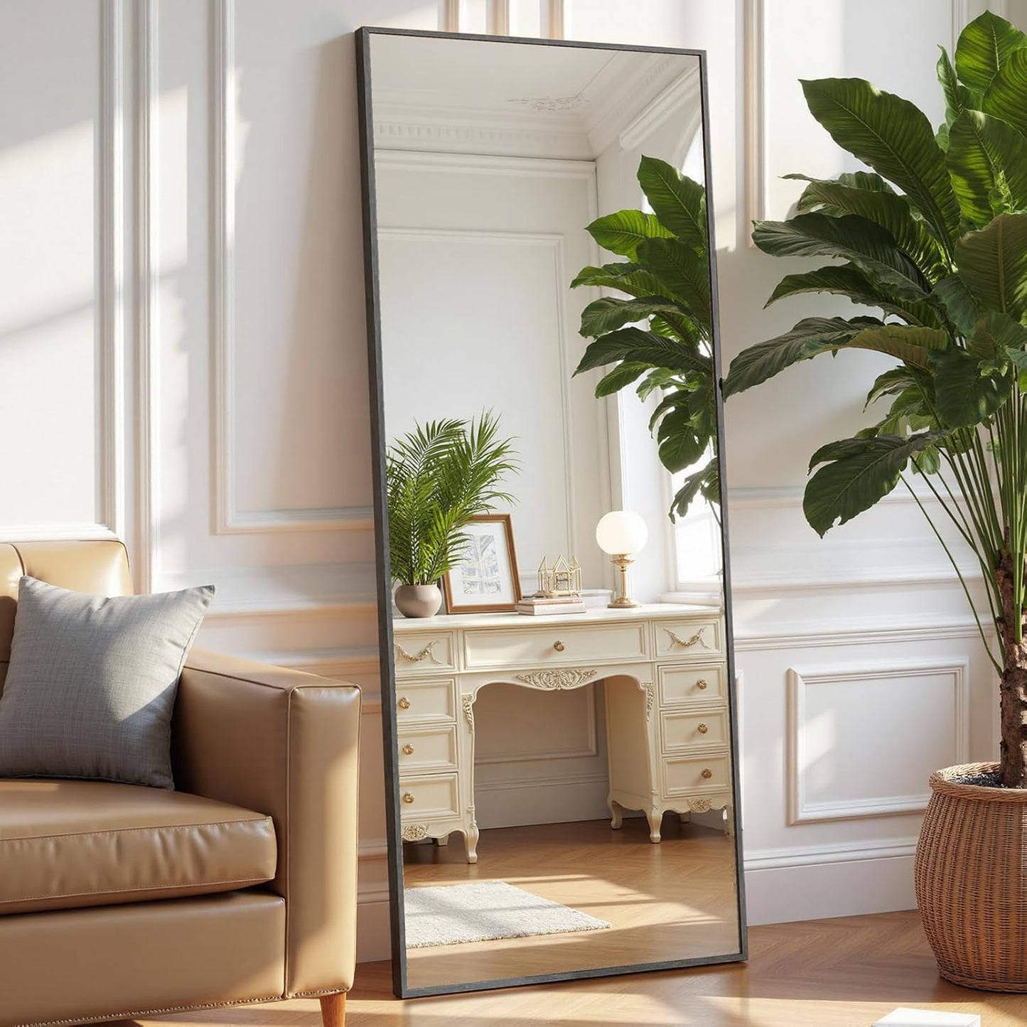 59"x16" Arched Full Length Mirror, Full Body Mirror with Leaning or Standing, Floor Standing Aluminum Frame for Bedroom, Livingroom, Cloakroom, Black