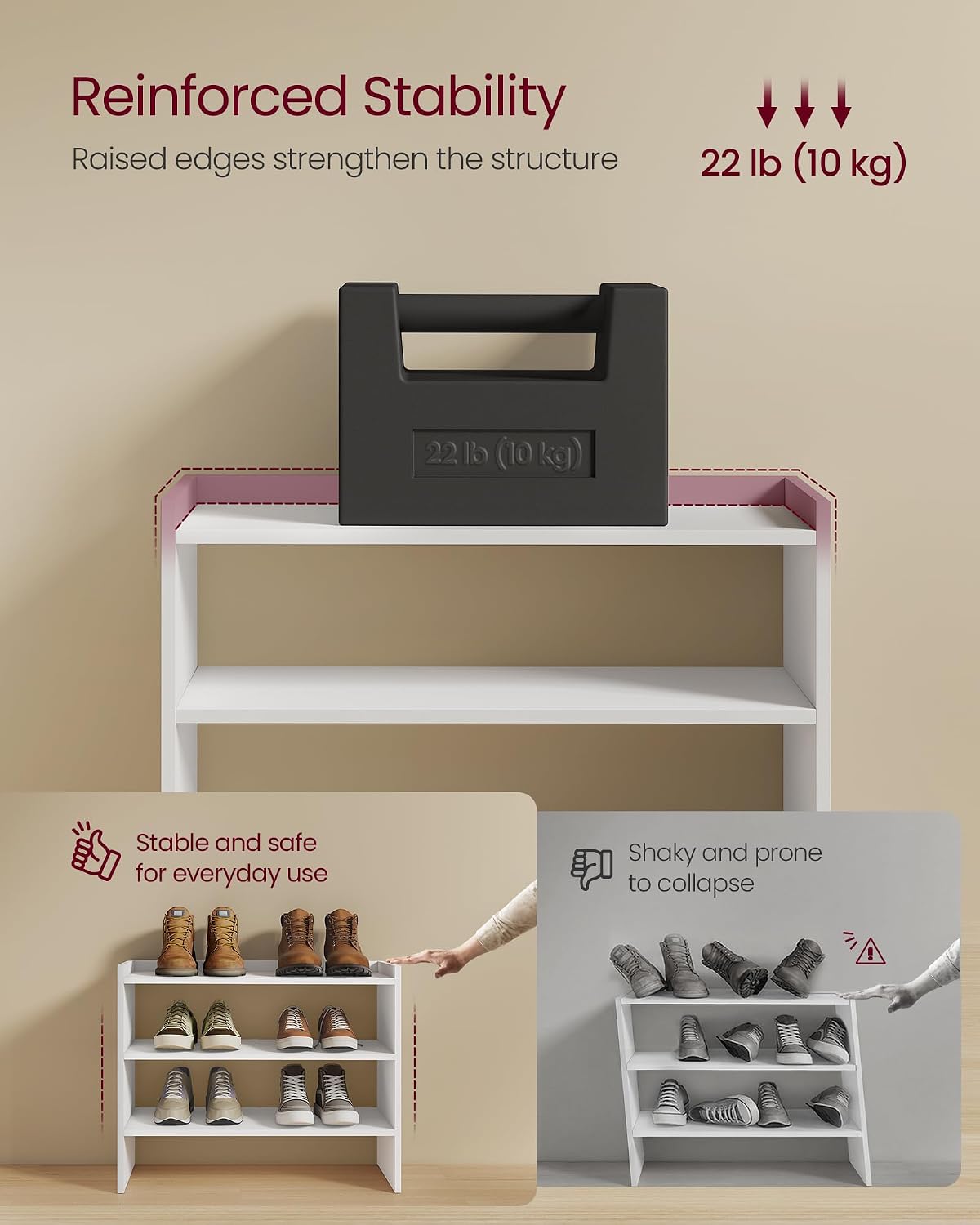 VASAGLE CUSTOS Collection - Shoe Rack for Closet, Stackable Shoe Organizer Shelf for Entryway, 2 Tiers, 11.7 x 24.4 x 14.2 Inches, White ULBS062WZ01S
