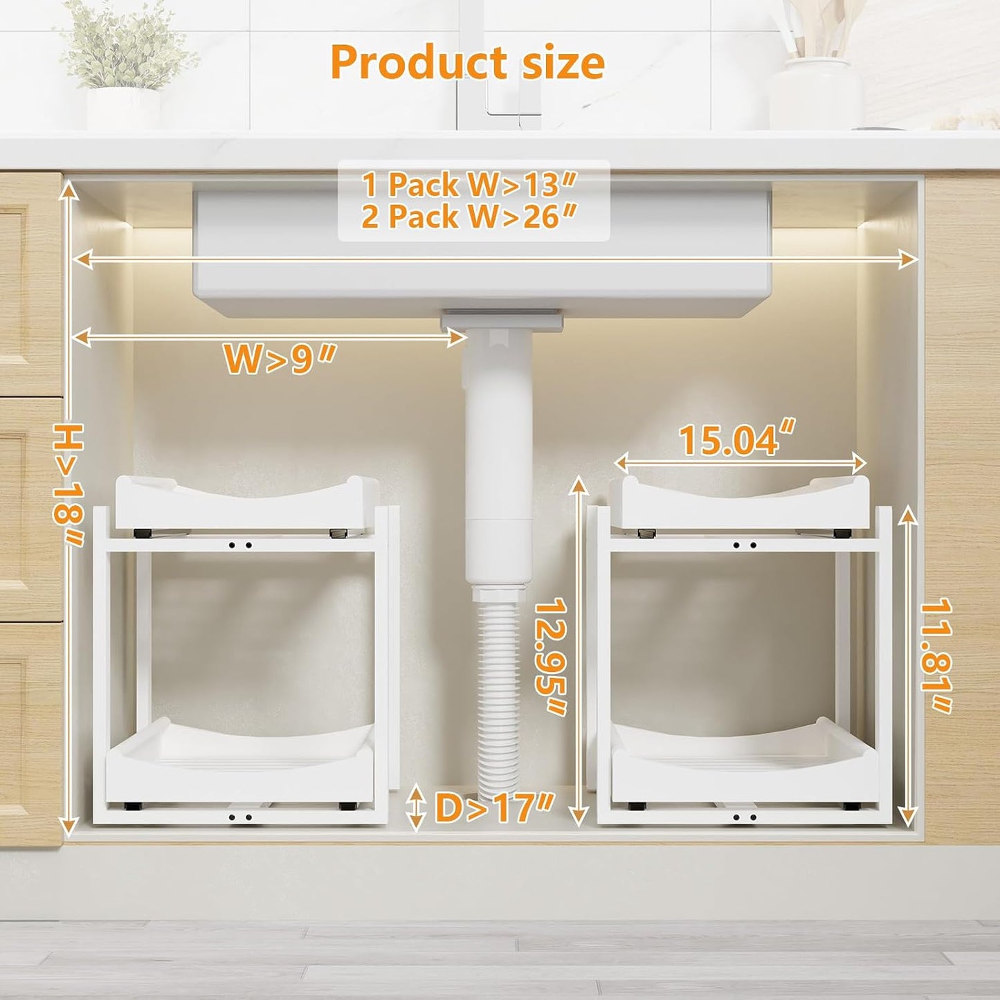 Bamboo Under Sink Organizer Adjustable Height 2 Tier Bathroom Organizer Pull Out Cabinet Storage Kitchen Heave Duty Wood Slide Ou Shelf for Kitchen Bathroom (Black, 2 Packs) (Black, 2 Pack)