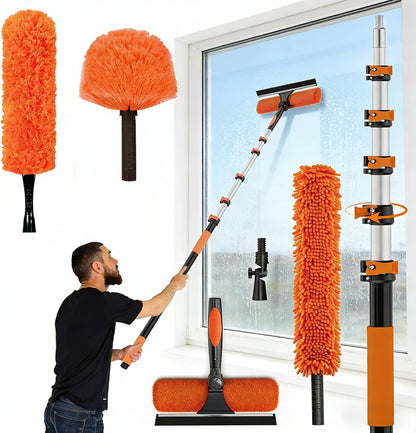 30FT Reach Duster Kit, Window Cleaning with 5-24FT Telescoping Extension Pole, High Ceiling Duster, Microfiber Feather Duster, Cobweb Duster, Window Squeegee, Feather Duster, Extendable Pole Kit
