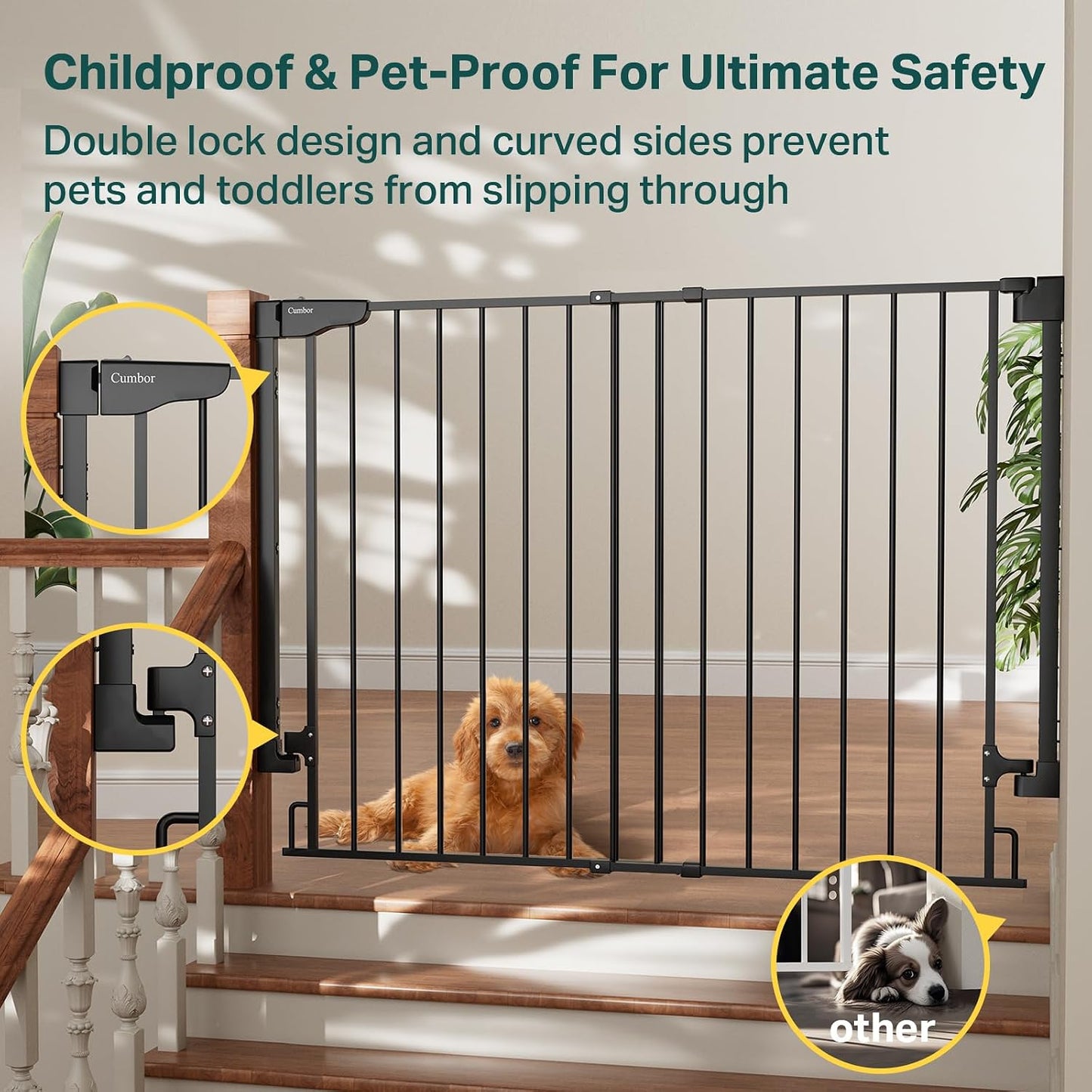 Cumbor 29.2–43" Baby Gate for Stairs, Hardware Mounted (Drill Required), Expandable No Bottom Bar Dog Gate, Auto Close Extra Wide Walk Thru, Pet & Toddler Proof Gate, Top & Bottom of Stairways (White)