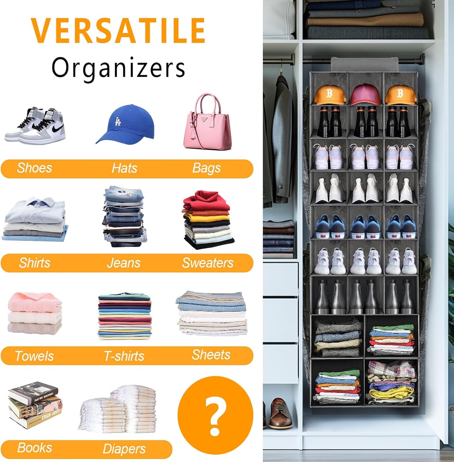 Hanging Shoe Organizer for Closet with 8 Shelves,Mesh Pockets-Wider Hanging Shelves for Shoes,Clothes,Hats with Sturdy Bamboo-Supported Design (Beige)
