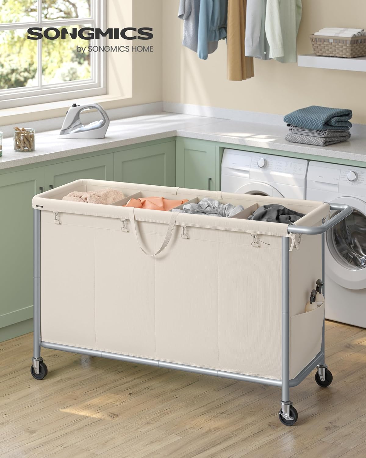 SONGMICS Laundry Basket with Wheels, 3-Section Rolling Laundry Hamper, 52.8 Gallons (200 L), Removable Liner, Steel Frame with Handle, 35.8 x 15.4 x 31.9 Inches, Cream White URLS005W01