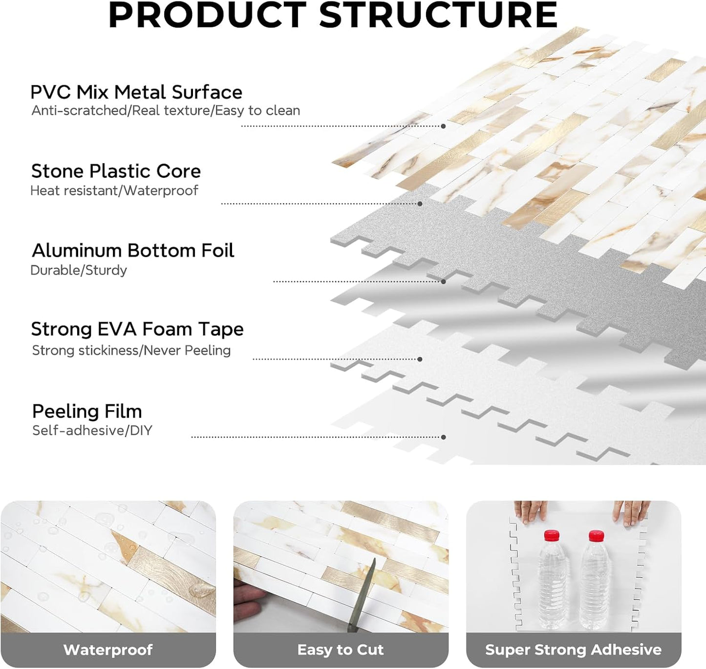 STICKGOO Peel and Stick Backsplash Tile, Stick on Backsplash for Kitchen and Bathroom, Volakas White Look PVC Mixed Metal Silver Self Adhesive Wall Tiles(Sample)