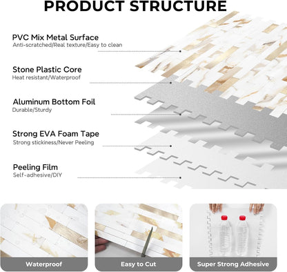STICKGOO Peel and Stick Backsplash Tile, Stick on Backsplash for Kitchen and Bathroom, Volakas White Look PVC Mixed Metal Silver Self Adhesive Wall Tiles(Sample)