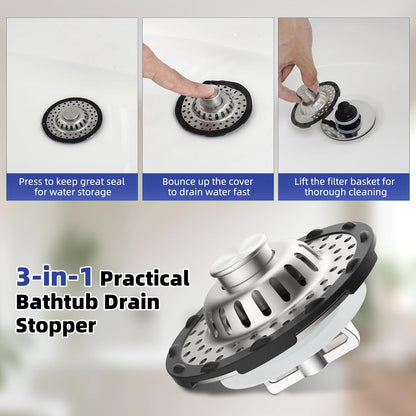 Universal Bathtub Drain Stopper Shower Drain Hair Catcher, Tub Stopper with Visible Top Strainer, Upgraded 3 in 1 Pop-up Drain Plug Fit for 1.5 to 2.4" Hole, Stainless Steel Filter Basket, Chrome