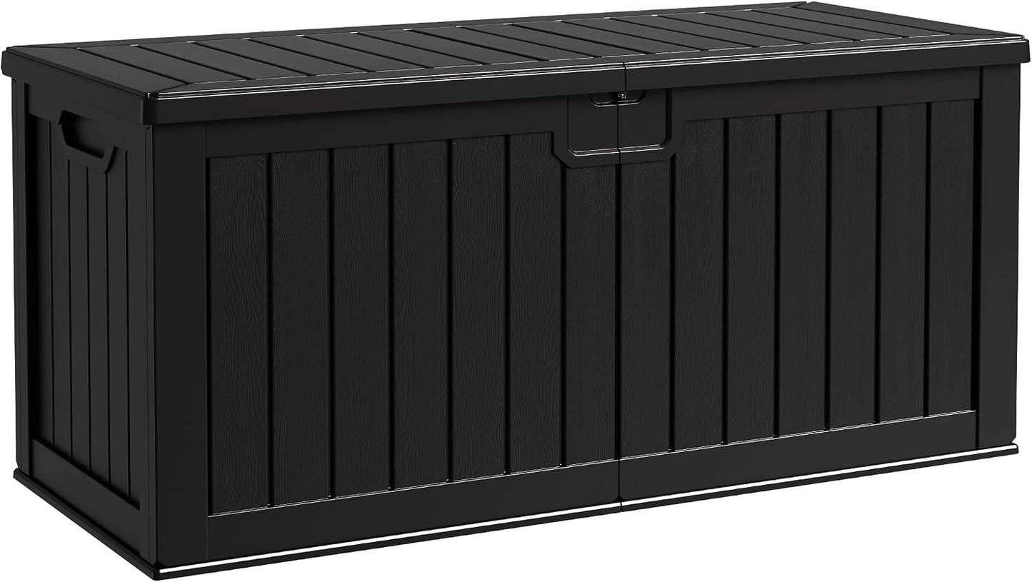 Flamaker Resin Deck Box 120 Gallon Waterproof Large Outdoor Indoor Storage Box Imitation Wood Resin for Patio Furniture Garden Tools and Pool (Black)
