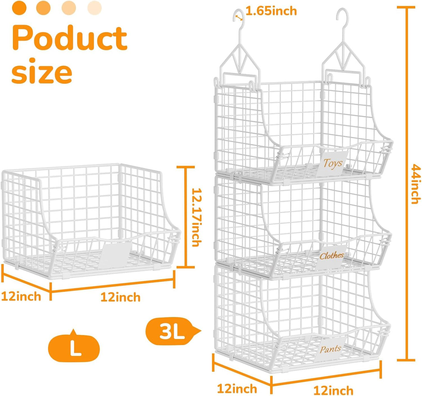 Hanging Closet Organizers and Storage, 3 Tier Closet Shelf Clothes Organizer with 2 S-Hooks, Multi-Functional Iron Wire Baskets, for Clothing, Sweaters, Handbags, Hat, Canned