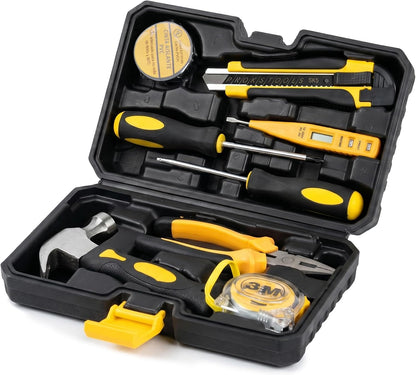 Basic Home Tool Set Household Tool kit for General Repair 8 Pcs | Includes Claw Hammer, Pliers ,Tape Measure, Phillips & Flathead Screwdriver, Electric Pen, Utility Knife, Insulating Tape