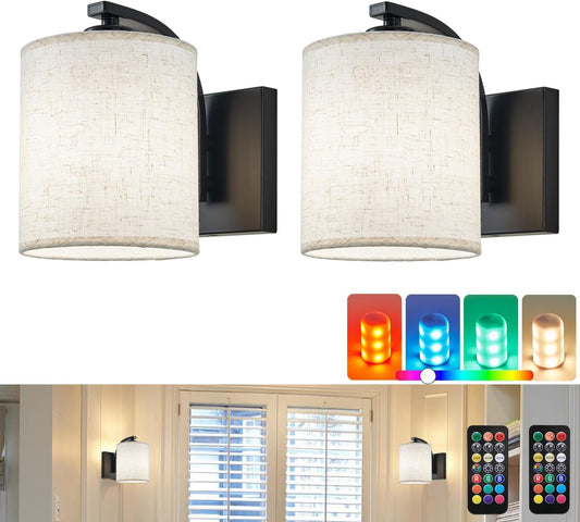 Battery Operated Wall Sconce Set of 2, Brushed Gold Rechargeable Wall Lights with Remote Control and Dimmable LED Bulbs, 13 Light Colors Wireless Wall Lamps for Bedroom Living Room Hallway (Gold)