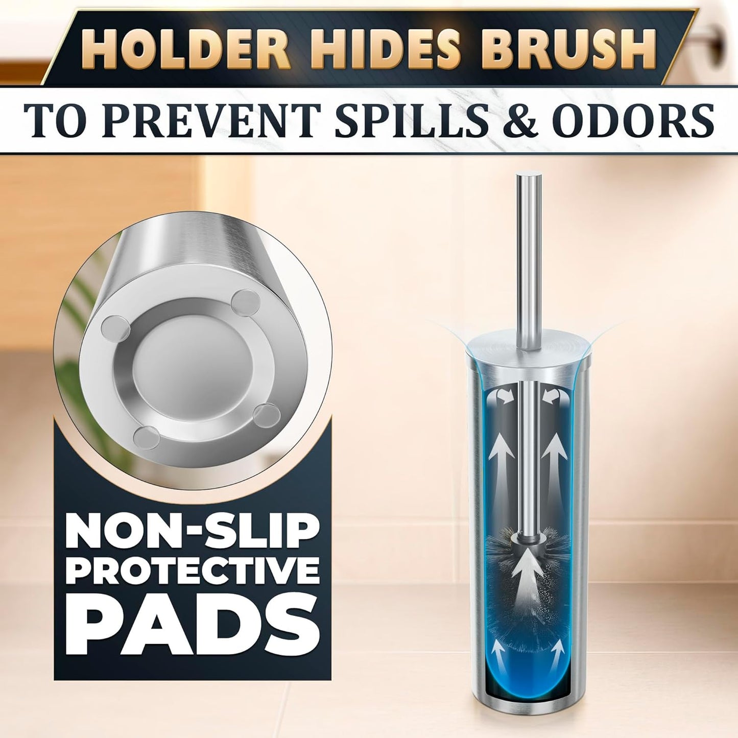 Black Toilet Brush and Holder Set - Slim Matte Design that Fits Anywhere - Stainless Steel Toilet Bowl Brush and Holder with 2 Rounded Corners, Replaceable Head, Removable Inner Bowl & Splash Guard