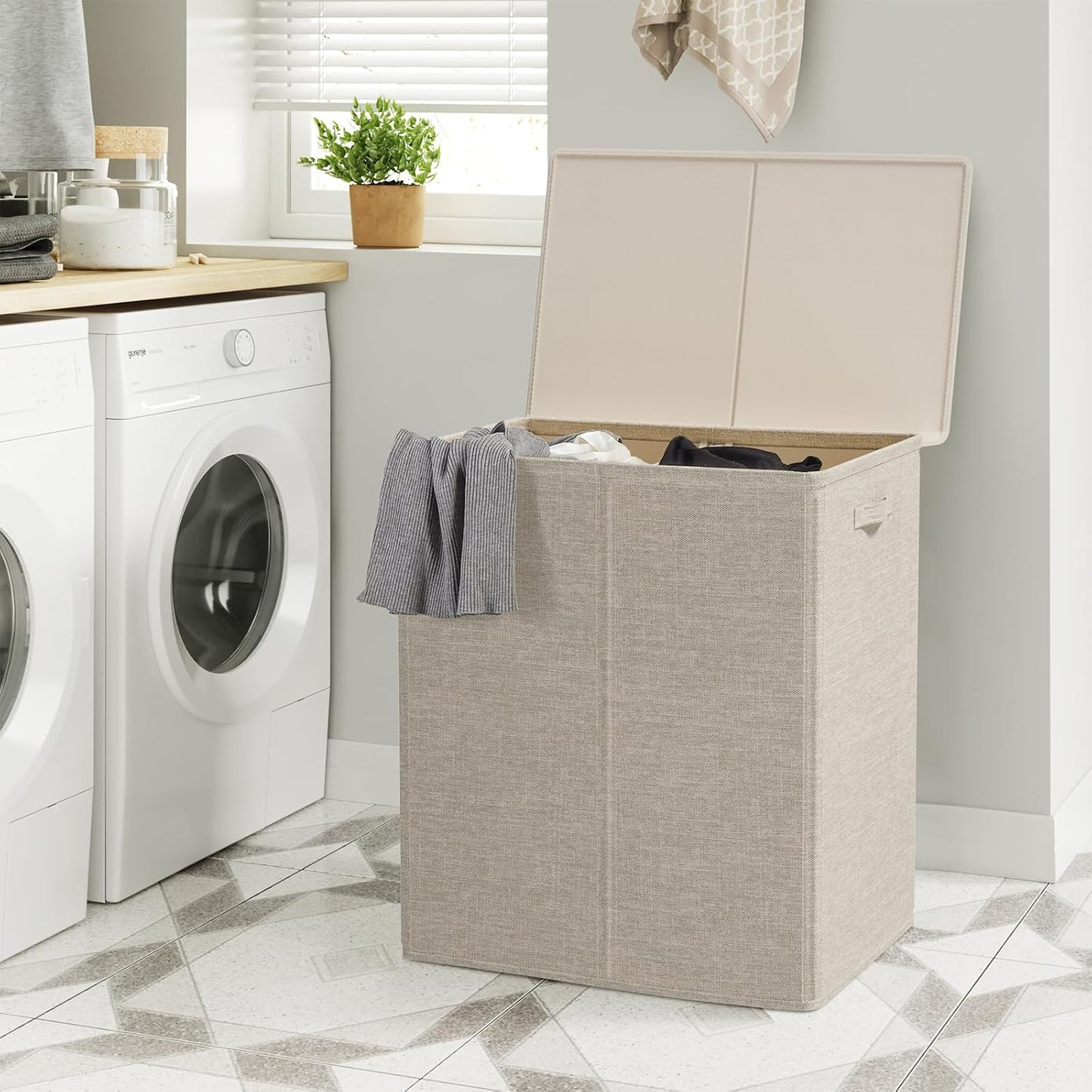 WOWLIVE 180L Laundry Hamper with Lid 3 Section,Large Laundry Basket with Removable Bags and Handles,Collapsible Dirty Clothes Hampers for Laundry,Laundry Basket Organizer for Laundry Room,Dorm,Beige