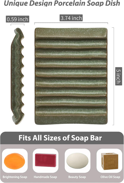 Self Draining Soap Dish, Ceramic Drain Soap Holder Waterfall Design Soap Saver for Shower, Bathroom, Sink, Kitchen and Countertop, Keeps Dry, Green